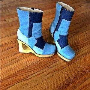 Women’s patch denim wedge heel wooden bottom